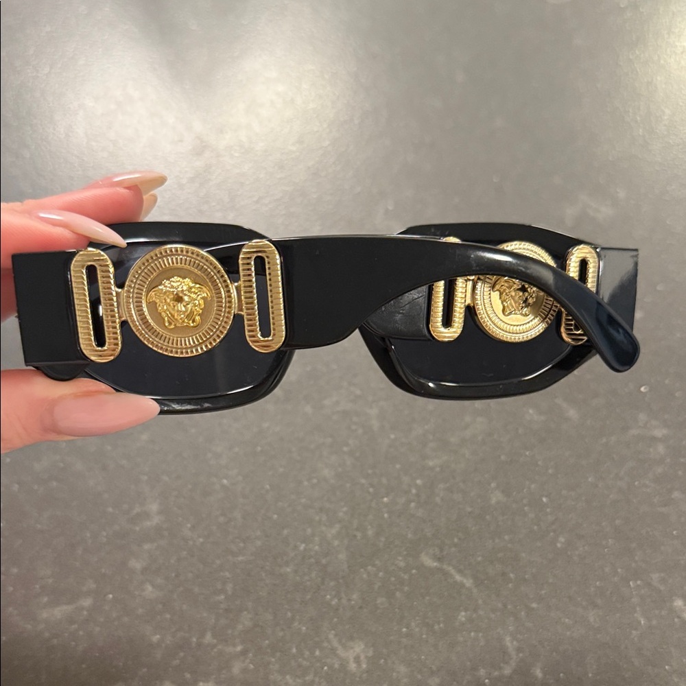 Versace Women's Sunglasses with Black Frame and Gold Medallions